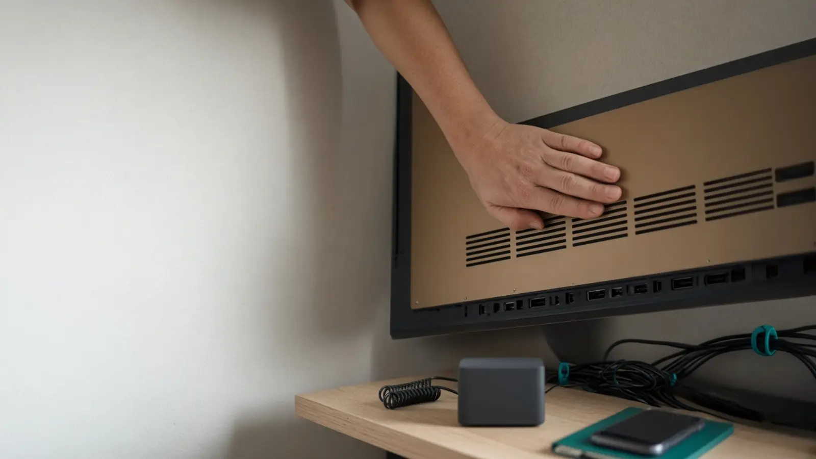 Eine Hand greift über die obere Kante eines an der Wand hängenden Fernsehers und liegt flach auf dessen Rückwand