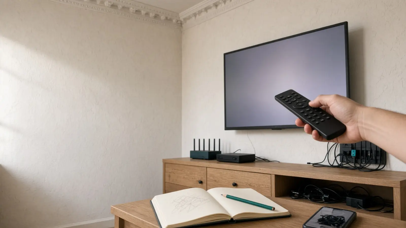 Eine Hand richtet eine Fernbedienung auf den wandhängenden Fernseher