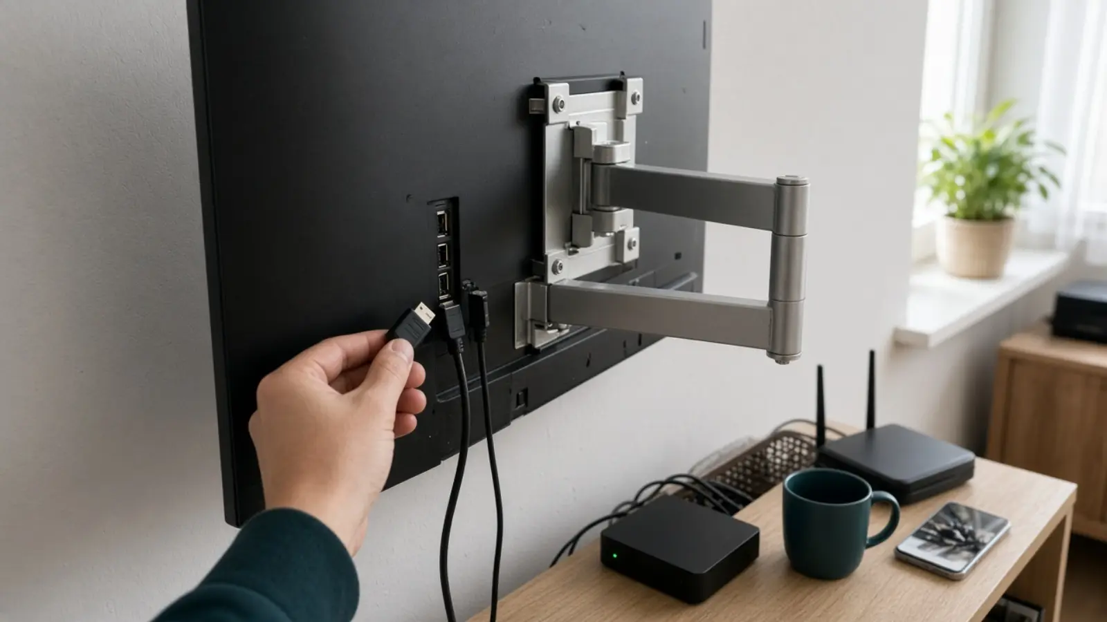 Eine Hand zieht hinter dem von der Wand weggeschwenkten Fernseher ein Kabel aus der Anschlussreihe