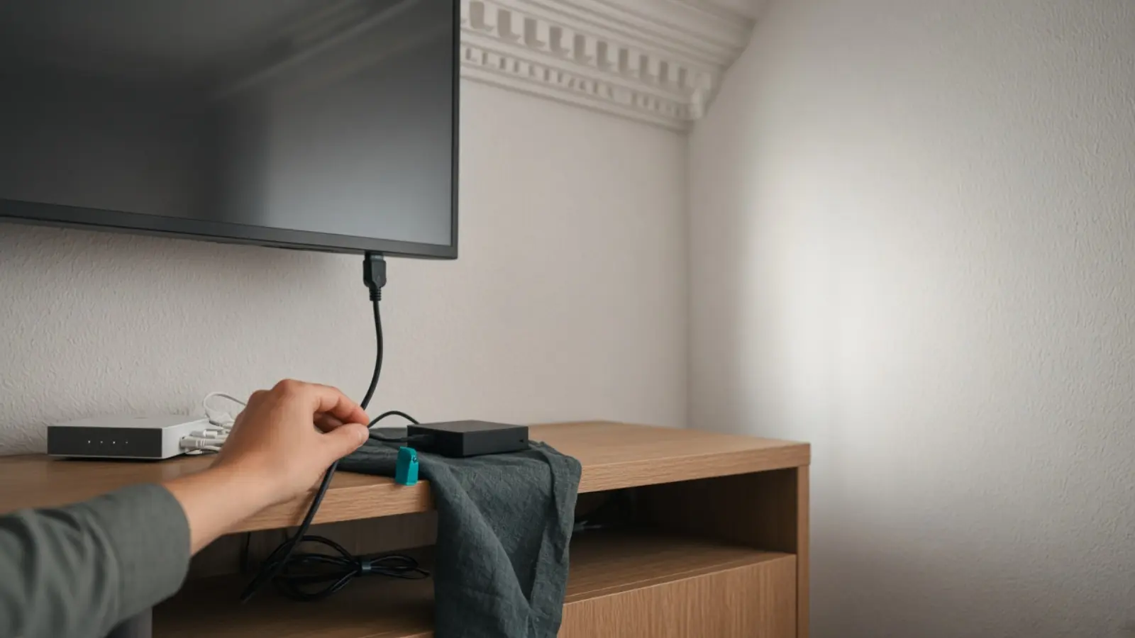Eine Hand verfolgt hinter dem Sideboard ein Netzwerkkabel von einem Router über eine kleine Streaming-Box