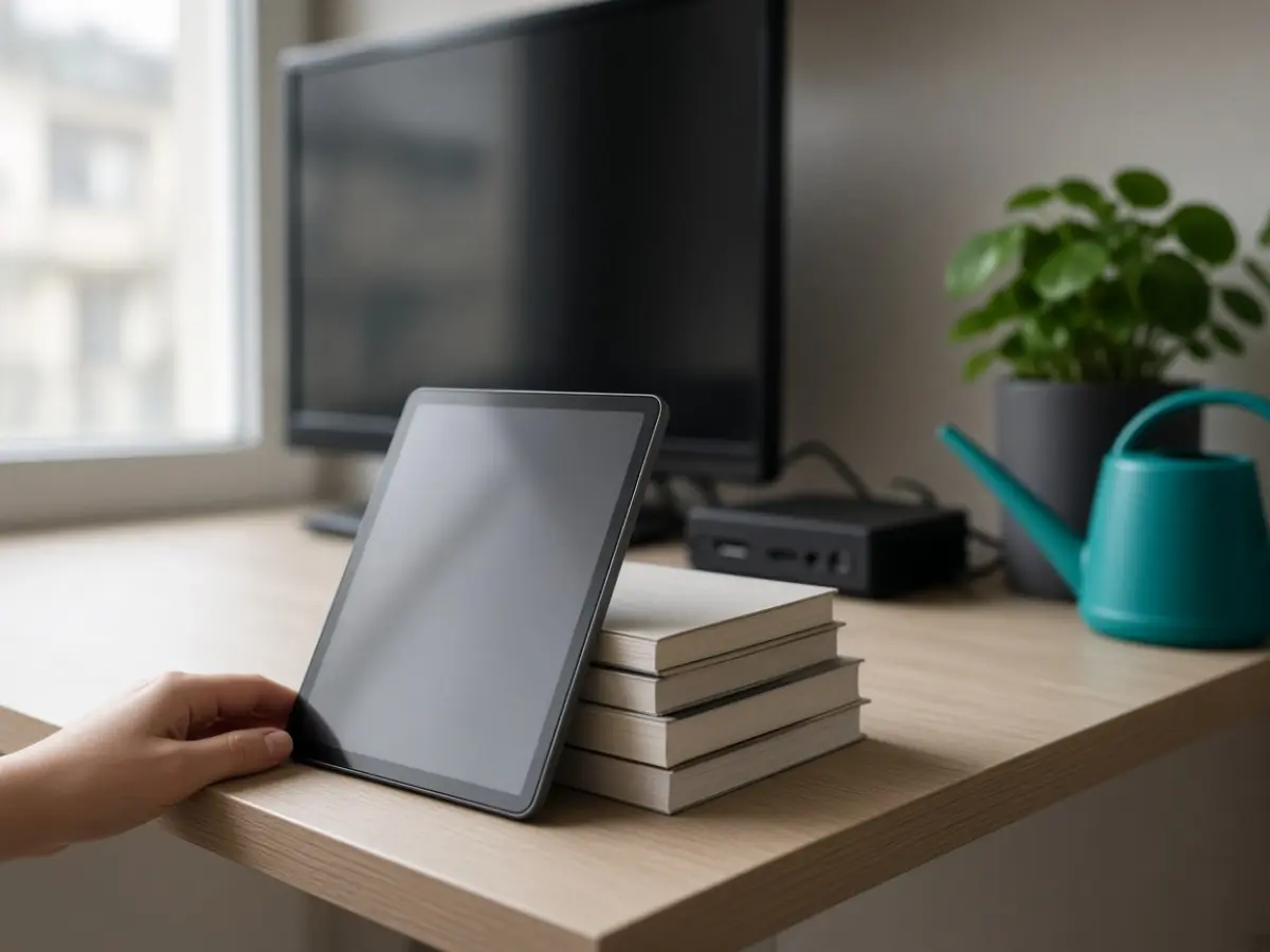 Ein Tablet lehnt aufgerichtet an einem Bücherstapel auf dem schmalen Regal neben dem ausgeschalteten Fernseher und wartet