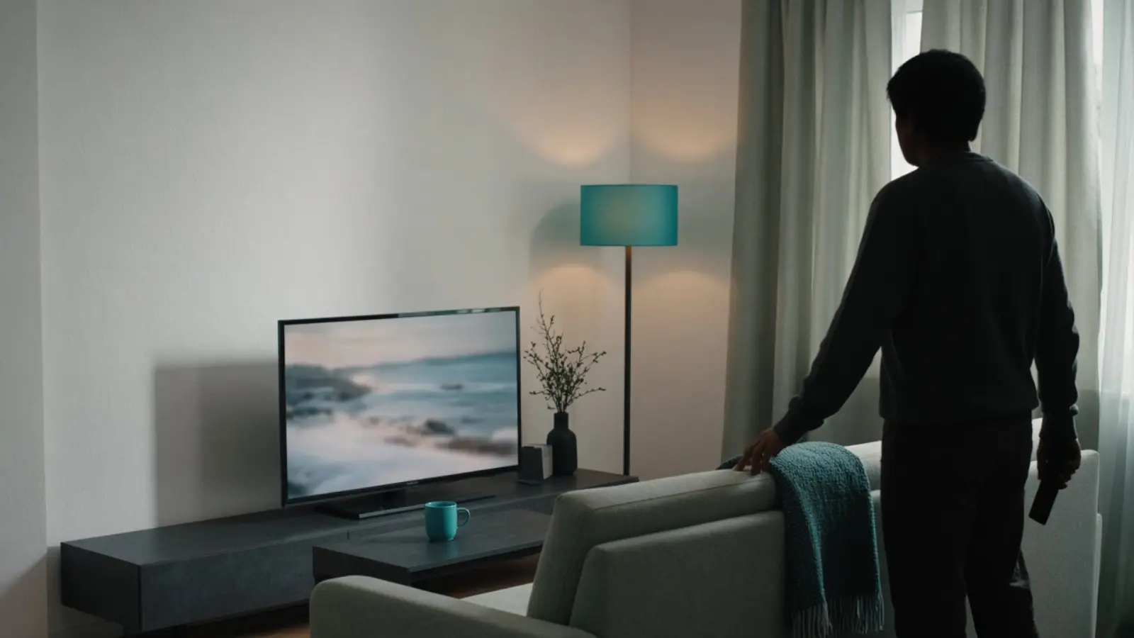 Eine Person steht hinter dem Sofa am halb zugezogenen Vorhang, die Fernbedienung locker in der Hand