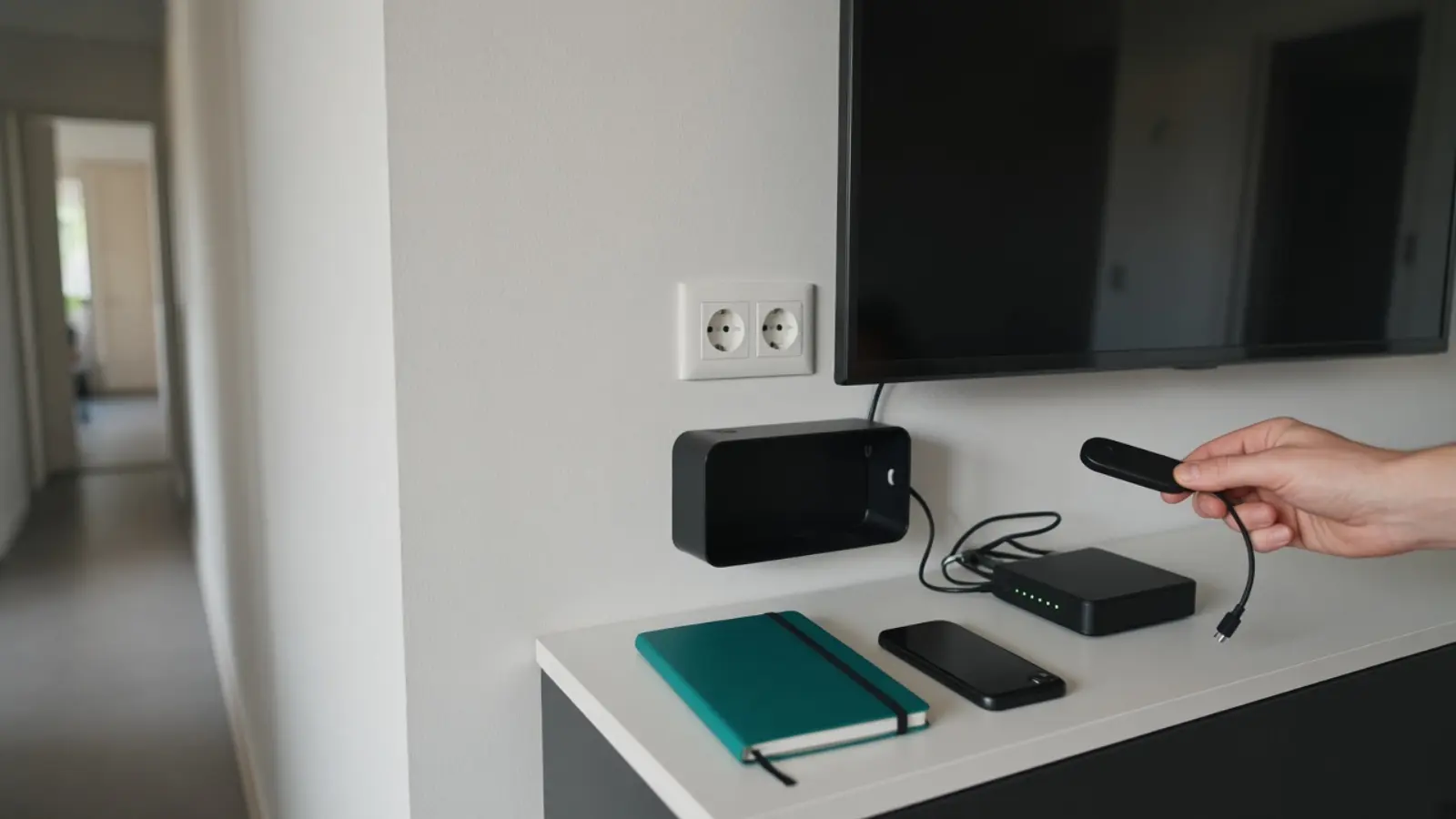 Eine Hand hält einen kleinen Streaming-Stick über dem Flurregal, darüber hängt der ausgeschaltete Fernseher