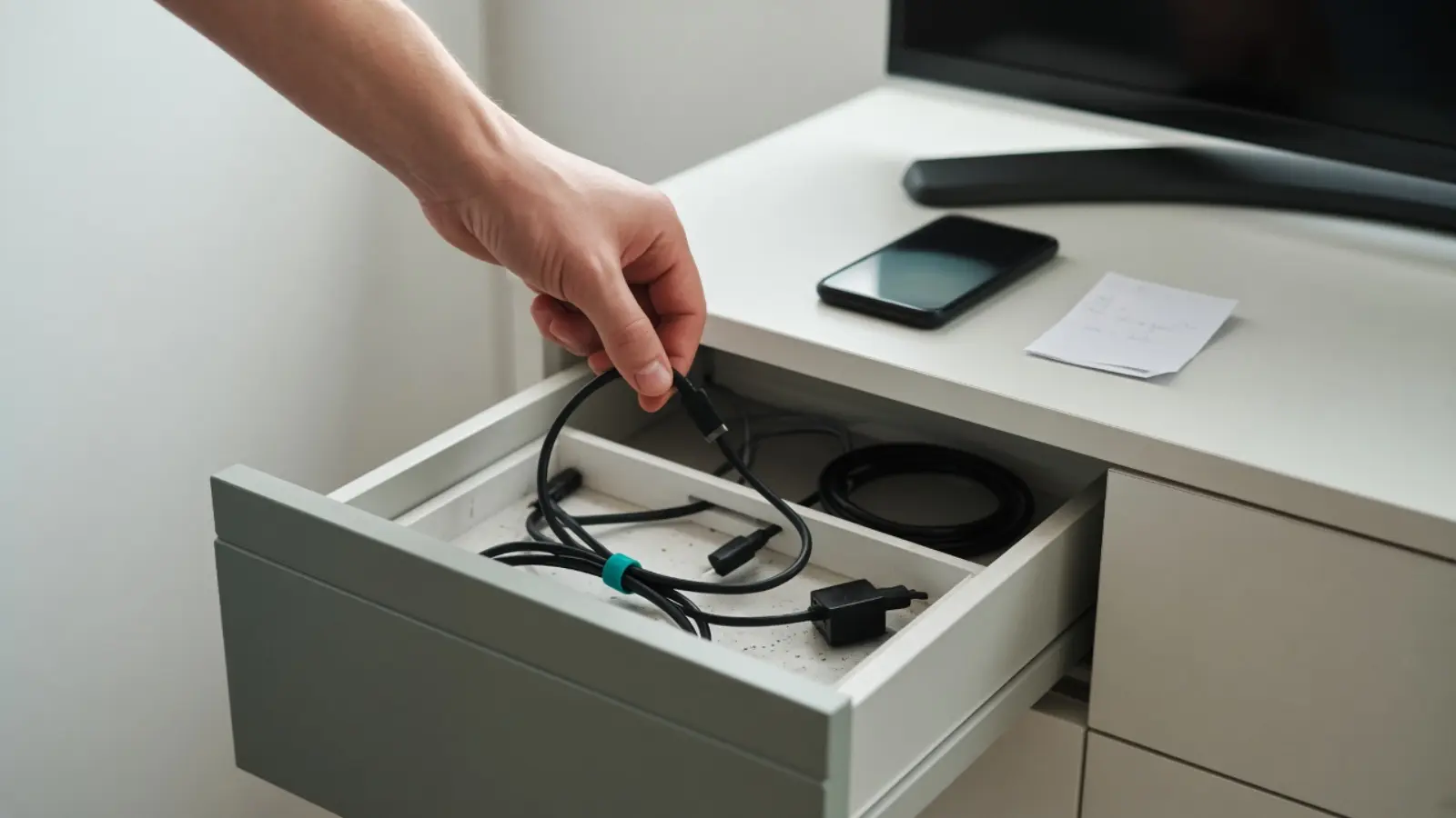Eine Hand nimmt ein kurzes Kabel aus der offenen Schublade einer Kommode