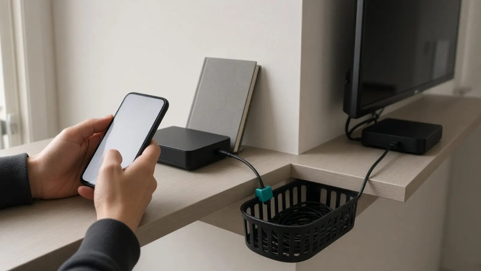Zwei Hände halten ein Smartphone über dem Flurregal, dahinter steht der Router halb hinter einem Buch