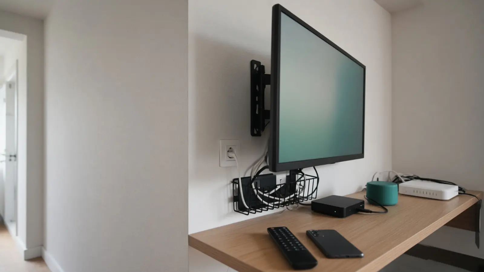 Der Fernseher ist leicht von der Wand geschwenkt, dahinter sind Steckdose und gebündelte Kabel zu sehen