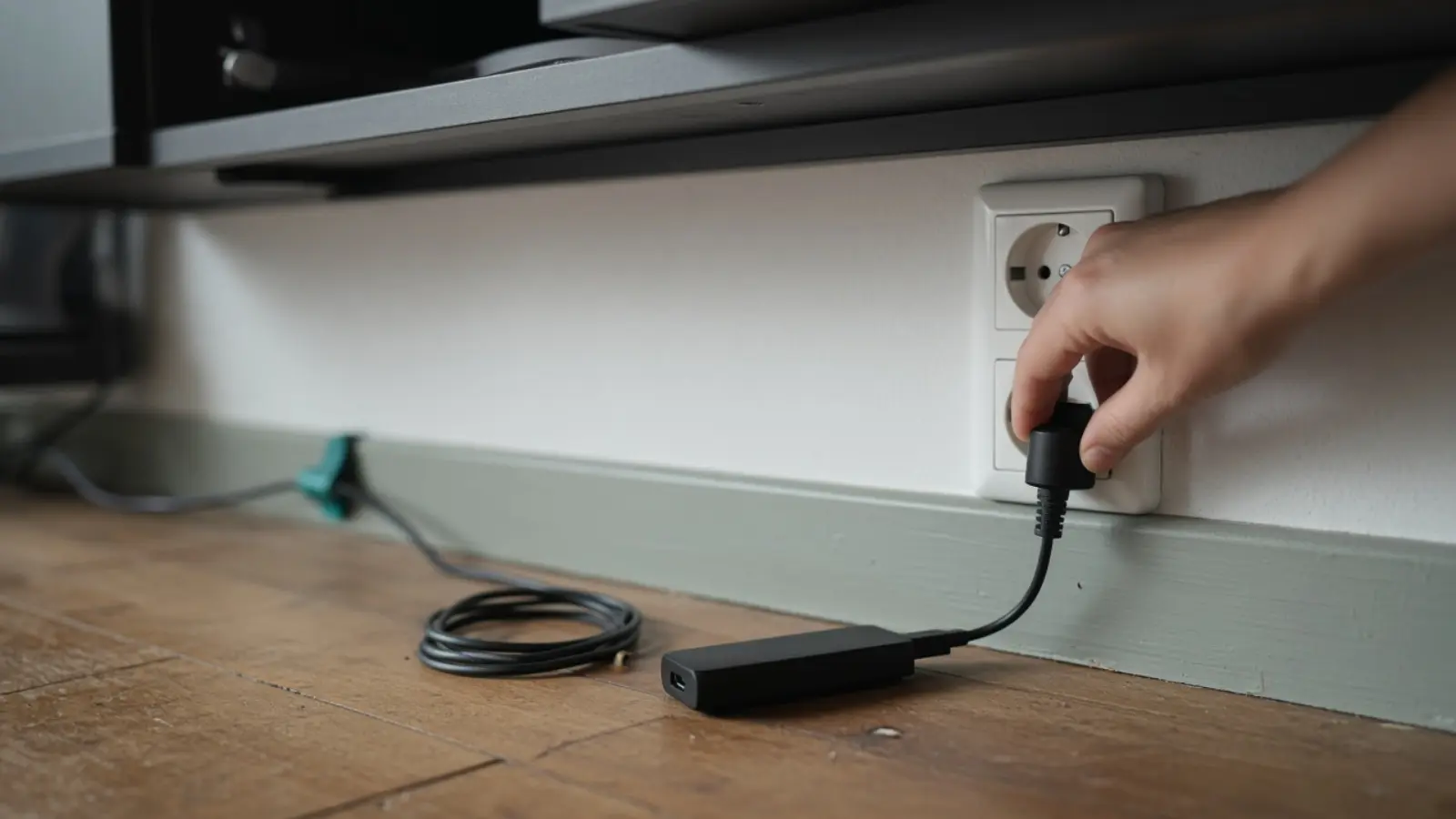 Eine Hand steckt das Netzteil eines kleinen Abspielgeräts in die Steckdose an der Fußleiste