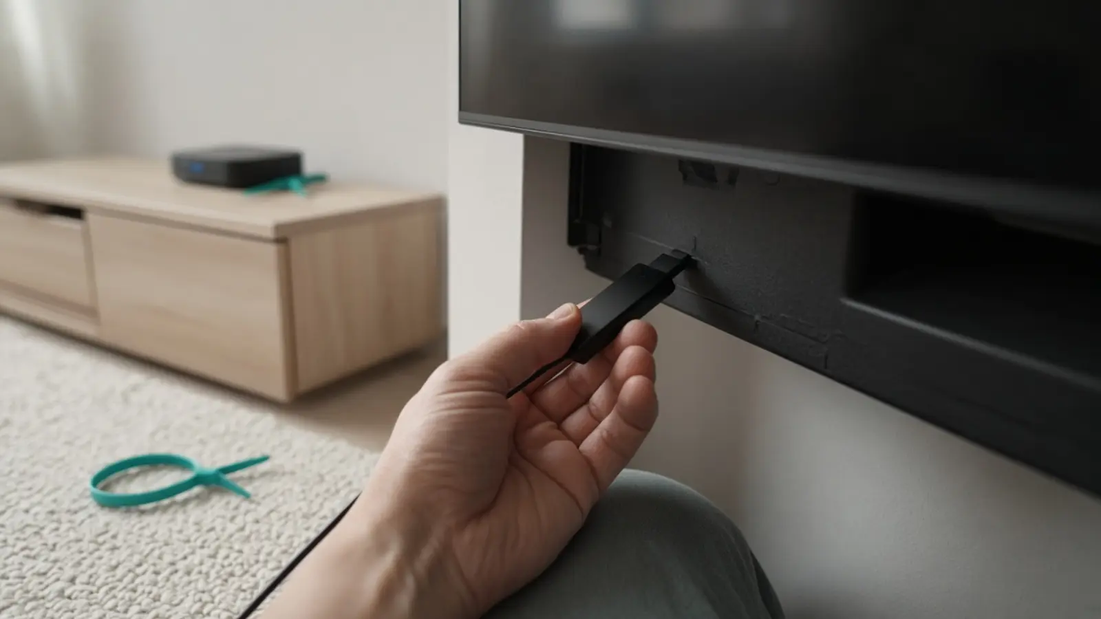 Eine Hand hält im Knien vor der Fernsehbank einen kleinen Streaming-Stick