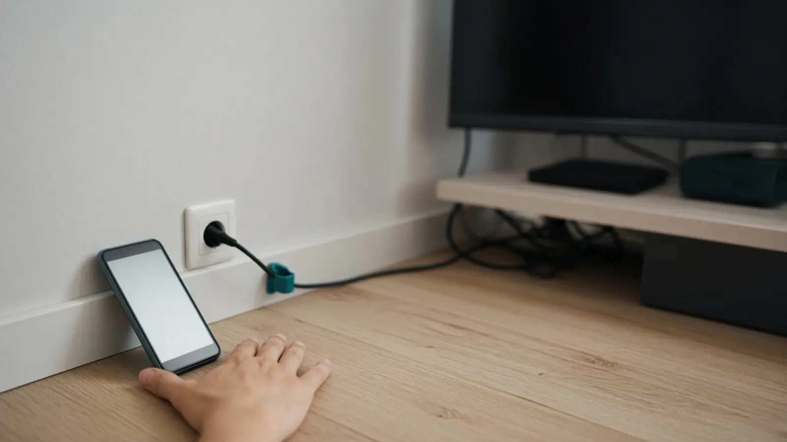 Ein Handy lehnt am Boden an der Fußleiste neben der Steckdose, in die das Kabel des Routers führt