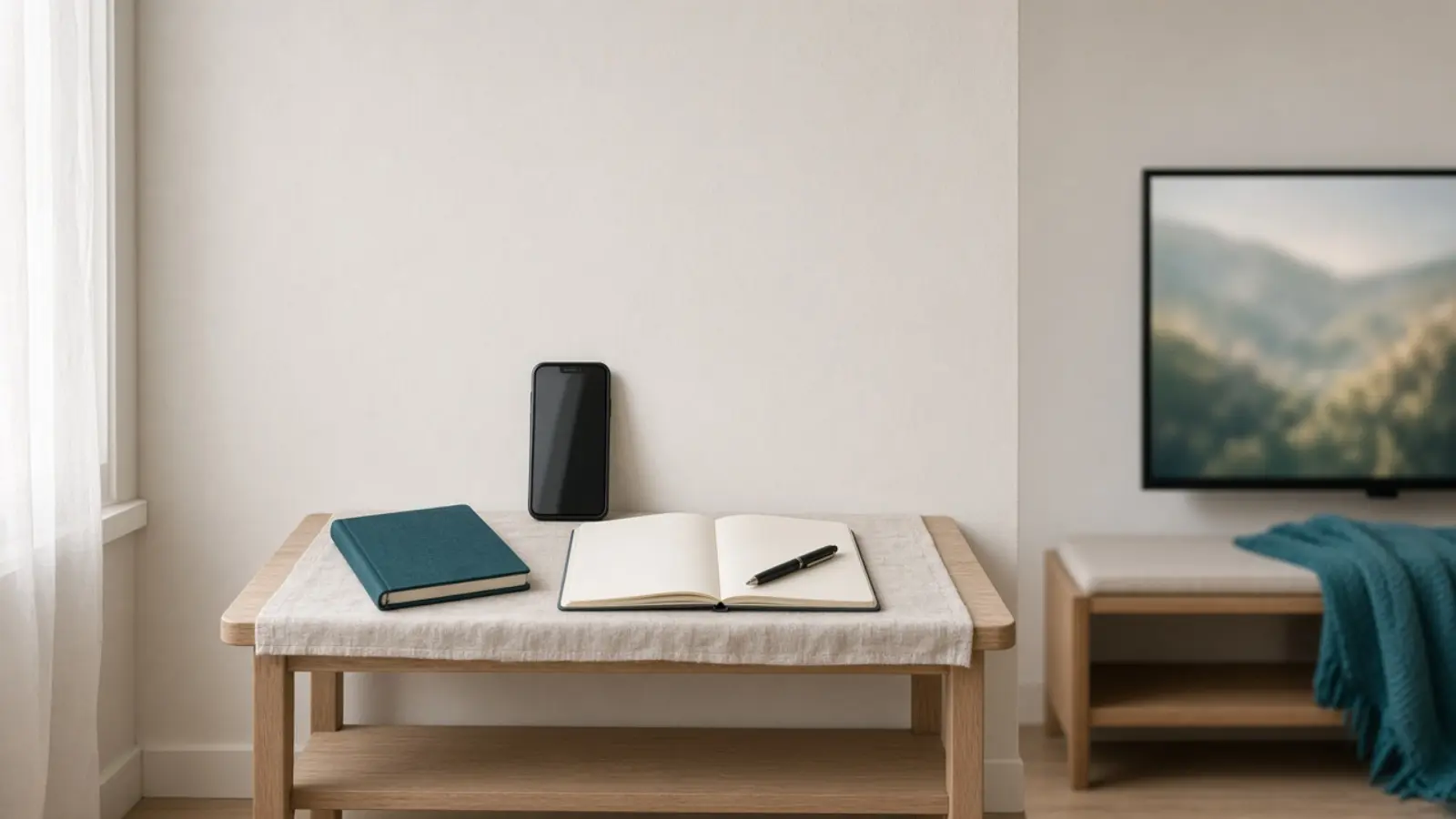 Ein Handy steht aufgerichtet auf einem schmalen Wandtisch, daneben ein offenes Heft mit einem Bleistiftstrich und ein Stift