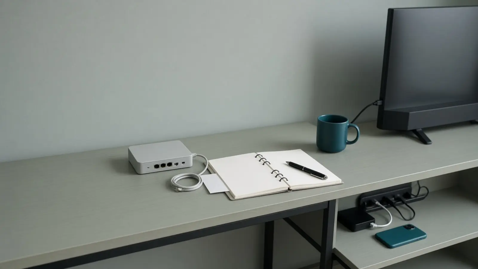 Auf einem Schreibtisch an der Wand liegt ein aufgeschlagenes Heft neben einem kleinen Router mit aufgerolltem Kabel